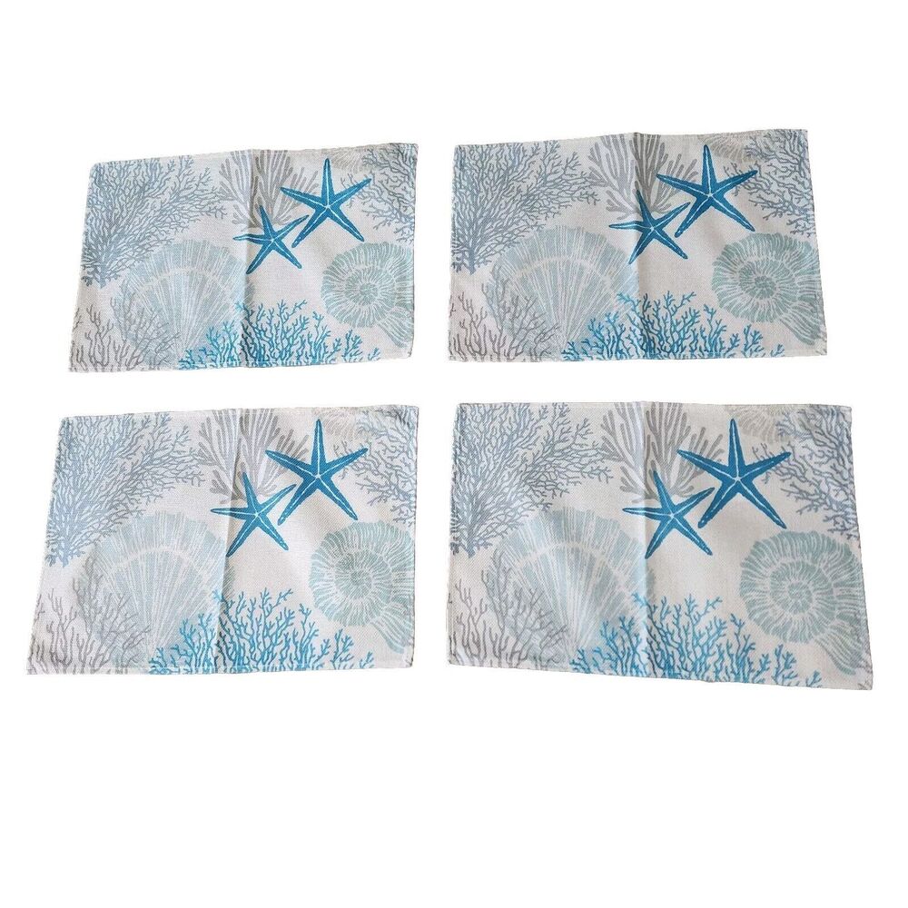 Blue Nautical Placemats Starfish Seashell Coral Tropical Summer Set of Four New